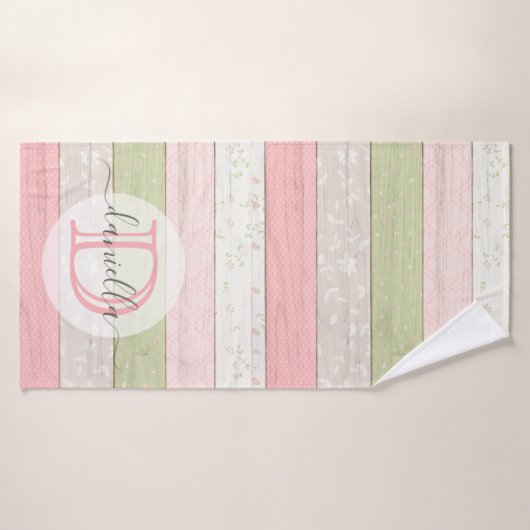 セージグリーン素朴&ピンクフローラウッドパーソナライズされた バスタオル (バスタオル)