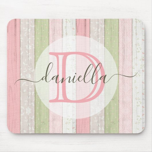 セージグリーン素朴&ピンクフローラウッドパーソナライズされた マウスパッド (正面)