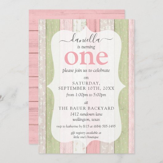 セージグリーン素朴&ピンクフローラウッド1st誕生日 招待状 (正面/裏面)