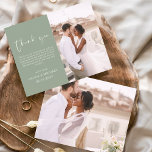 セージグリーン結婚のミニマルサンキューカード<br><div class="desc">フロント結婚とバックに写真がある予算のサンキューカード。サンキューカードにはモダン、結婚式の日のお祝いの後に使用するエレガント、シンプルタイポグラフィとモダン使用する手書き文字文字が含まれている。</div>