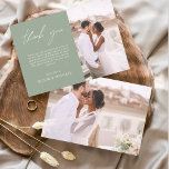 セージグリーン結婚のミニマルサンキューカード チラシ<br><div class="desc">フロント結婚とバックに写真がある予算のサンキューカード。サンキューカードにはモダン、結婚式の日のお祝いの後に使用するエレガント、シンプルタイポグラフィとモダン使用する手書き文字文字が含まれている。</div>