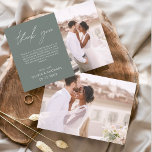 セージグリーン結婚のミニマルサンキューカード チラシ<br><div class="desc">フロント結婚とバックに写真がある予算のサンキューカード。サンキューカードにはモダン、結婚式の日のお祝いの後に使用するエレガント、シンプルタイポグラフィとモダン使用する手書き文字文字が含まれている。</div>