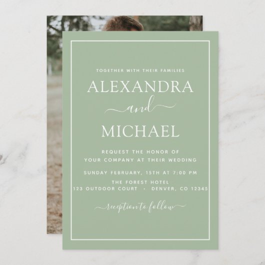 セージグリーン結婚のロマンチックな写真招待状 招待状 (正面/裏面)