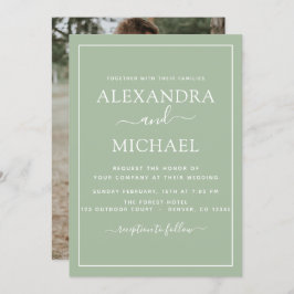 セージグリーン結婚のロマンチックな写真招待状 招待状