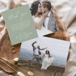 セージグリーン結婚ズサンキューカードフライヤー チラシ<br><div class="desc">フロント結婚とバックに写真がある予算のサンキューカード。サンキューカードにはモダン、結婚式の日のお祝いの後に使用するエレガント、シンプルタイポグラフィとモダン使用する手書き文字文字が含まれている。</div>
