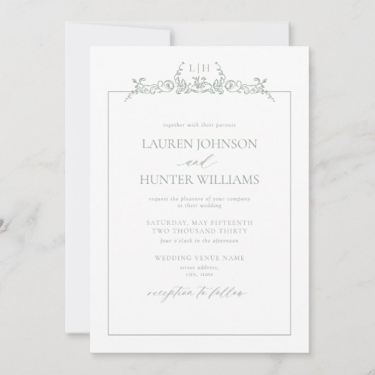 セージグリーン縁どフローラモノグラム結婚ズ 招待状 (正面)