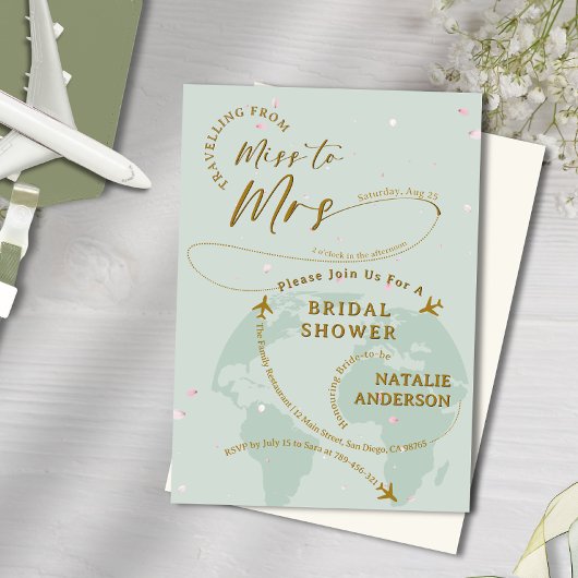 セージグリーン花びら旅行へミセスブライダルシャワー 招待状