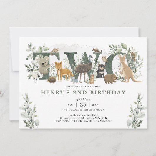 セージグリーン葉アリア動物2nd誕生日 招待状 (正面)