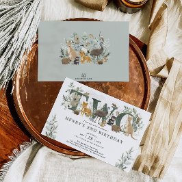 セージグリーン葉アリア動物2nd誕生日 招待状