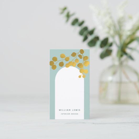 セージグリーン葉金ゴールドアーモダンチQRコード 名刺 (スタンド正面)