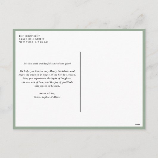 セージグリーン親愛サンタがクリスマスを説明しよう シーズンポストカード (裏面)