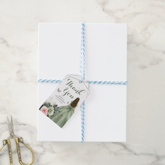 セージグリーン赤面ジオメトリックキンセニェラありがとう ギフトタグ (より糸付き)