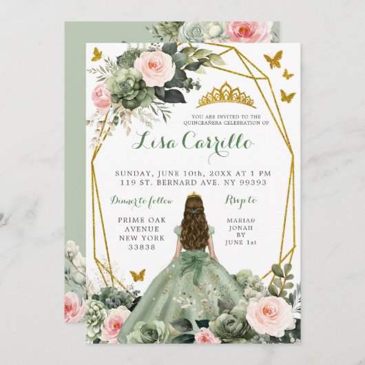 セージグリーン赤面ピンクバタフライガールズキンセアニラ 招待状 (正面/裏面)