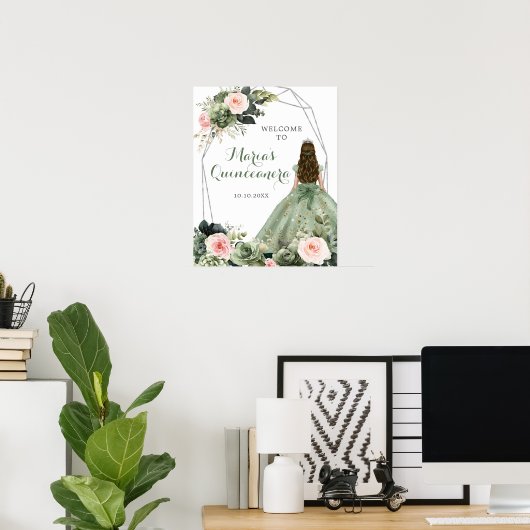 セージグリーン赤面ピンクフローラキンセアニェラウェルカム ポスター (ホームオフィス)