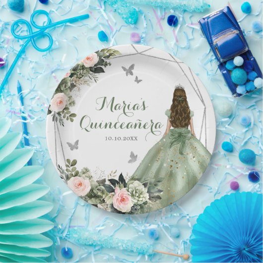 セージグリーン赤面ピンクフローラプリンセスXVアニョス ペーパープレート (パーティー)