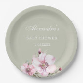 セージグリーン赤面ピンクローゼベビーシャワー ペーパープレート (正面)