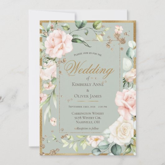 セージグリーン赤面フローラウォーター結婚カラー 招待状 (正面)