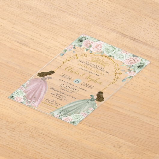 セージグリーン赤面フローラツインズ金ゴールドキンセアニラ アクリル招待状 (レイダウン)