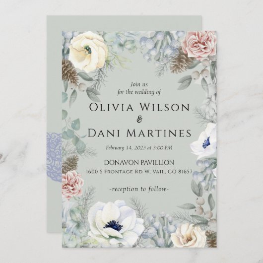 セージグリーン赤面フローラ自然結婚式招待状 招待状 (正面/裏面)