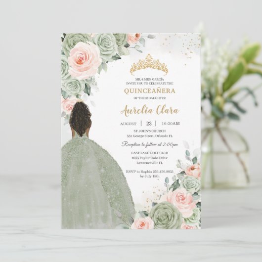 セージグリーン赤面フローラ金ゴールドキンセアニラスウィート16 招待状 (スタンド正面)