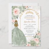 セージグリーン赤面フローラ金ゴールドキンセアニラスウィート16 招待状 (正面)