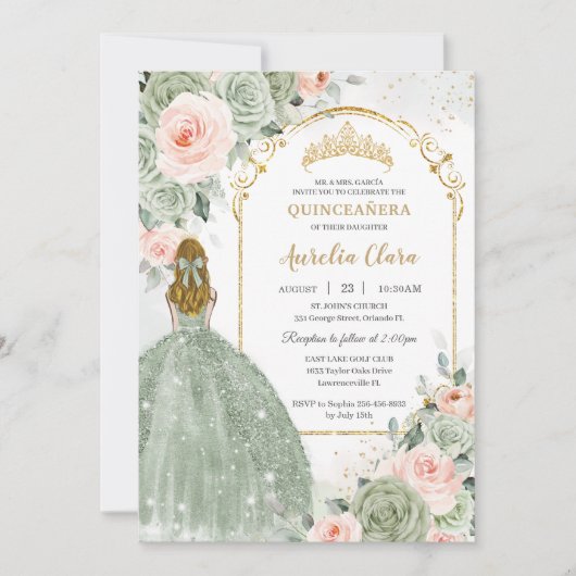 セージグリーン赤面フローラ金ゴールドキンセアニラスウィート16 招待状 (正面)