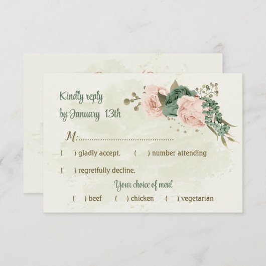 セージグリーン赤面花結婚植物薬 出欠カード (正面/裏面)