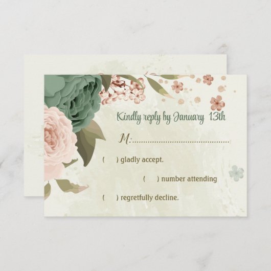 セージグリーン赤面花結婚植物薬 出欠カード (正面/裏面)