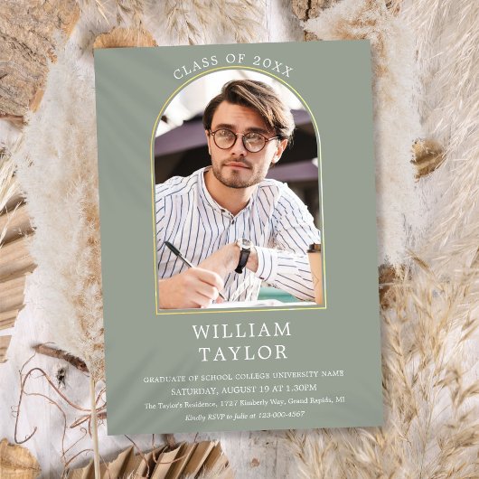 セージグリーン金ゴールドアーチフォト卒業パーティーInvita 招待状