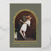 セージグリーン金ゴールドアーチフォト婚約 箔招待状 (正面)