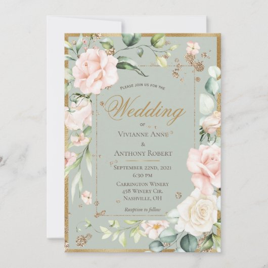 セージグリーン金ゴールドウォーターカラーロマンチックフローラ結婚ズ 招待状 (正面)
