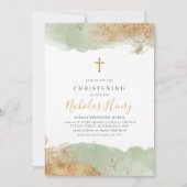 セージグリーン金ゴールドクロスボーイズバプテスマ《キリスト教》洗礼式や命名式 招待状 (正面)