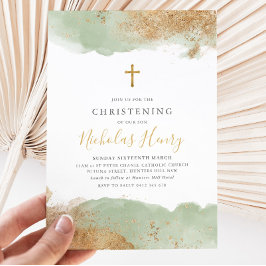 セージグリーン金ゴールドクロスボーイズバプテスマ《キリスト教》洗礼式や命名式 招待状