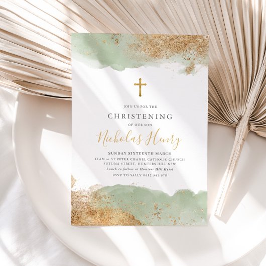 セージグリーン金ゴールドクロスボーイズバプテスマ《キリスト教》洗礼式や命名式 招待状