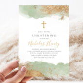 セージグリーン金ゴールドクロスボーイズバプテスマ《キリスト教》洗礼式や命名式 招待状