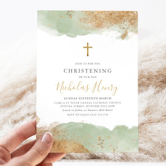 セージグリーン金ゴールドクロスボーイズバプテスマ《キリスト教》洗礼式や命名式 招待状