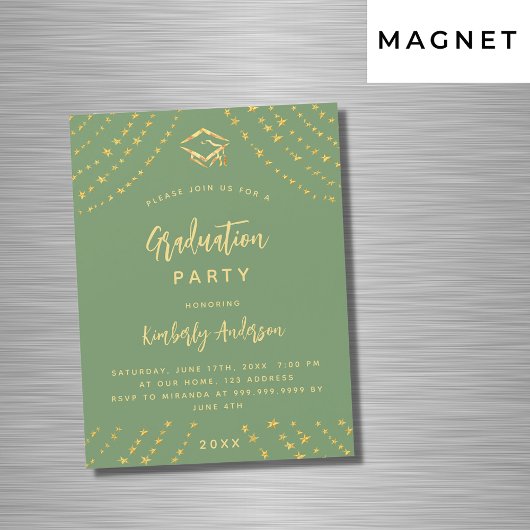 セージグリーン金ゴールドスター卒業パーティラグジュアリー マグネット招待状