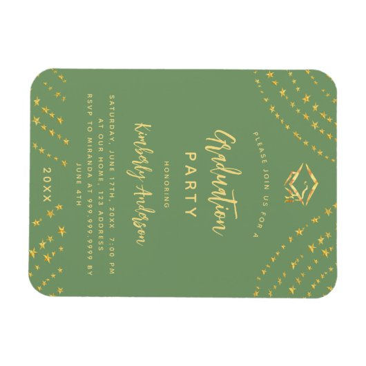 セージグリーン金ゴールドスター卒業パーティーの招待状 マグネット (横)