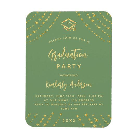 セージグリーン金ゴールドスター卒業パーティーの招待状 マグネット (縦)