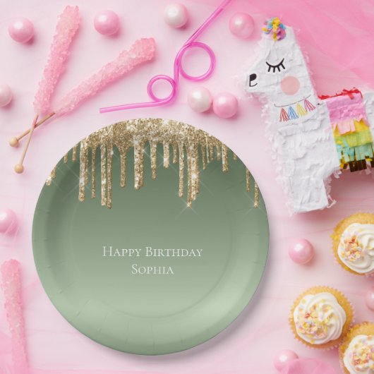 セージグリーン金ゴールドスパークルグリッタードリップス誕生日 ペーパープレート (パーティー)