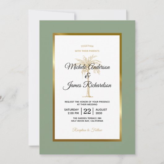 セージグリーン金ゴールドパームツリートロピカル結婚ズ 招待状 (正面)
