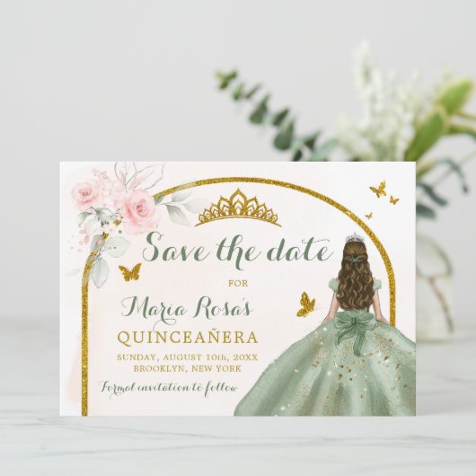 セージグリーン金ゴールドプリンセスバタフライキンセアニラ 招待状 (スタンド正面)