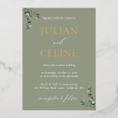 セージグリーン金ゴールドユーカリプスグリーン結婚金ゴールド 箔招待状 (正面)