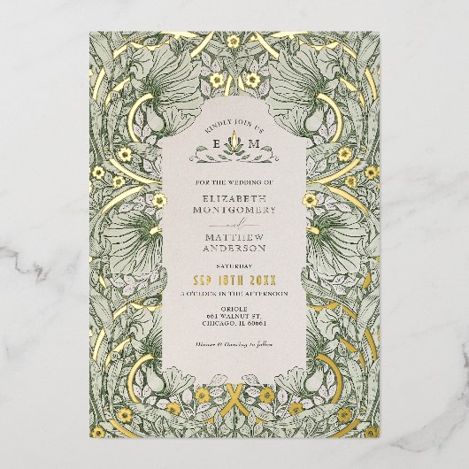 セージグリーン金ゴールドヴィンテージパンペネルウィリアム・モリス 箔招待状 (正面)