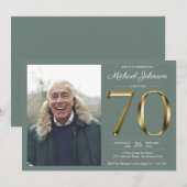 セージグリーン金ゴールド文字クラスフォト70誕生日 招待状 (正面/裏面)