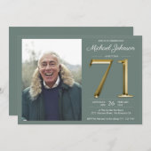 セージグリーン金ゴールド文字クラスフォト71誕生日 招待状 (正面/裏面)
