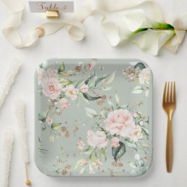 セージグリーン金ゴールド水彩フローラ植物学 ペーパープレート