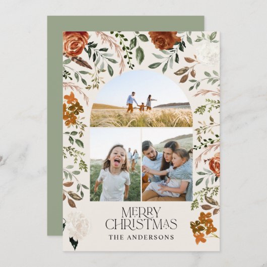 セージグリーン3写真植物学エレガントのアーチ休日 シーズンカード (正面/裏面)