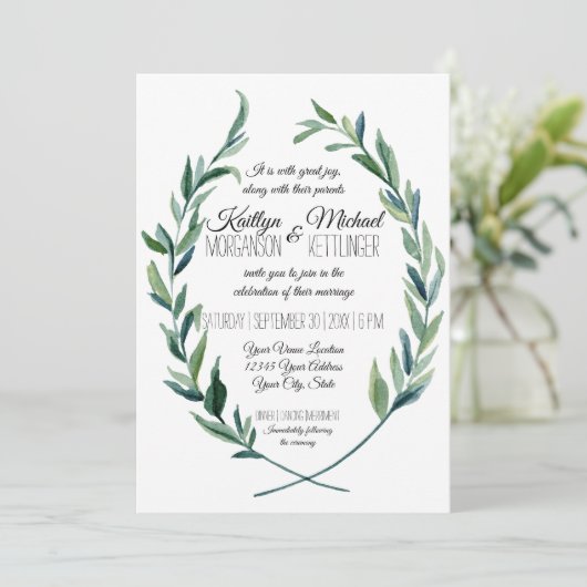 セージグリーン5X7ローレルリースオリーブリーフモダン 招待状 (スタンド正面)