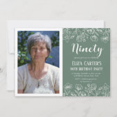 セージグリーン90th90のフローラエレガント誕生日 招待状 (正面)